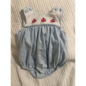 Shrimp & Grits Kids Boys Blue White Striped Anchor Embroidered Bubble Romper 18M